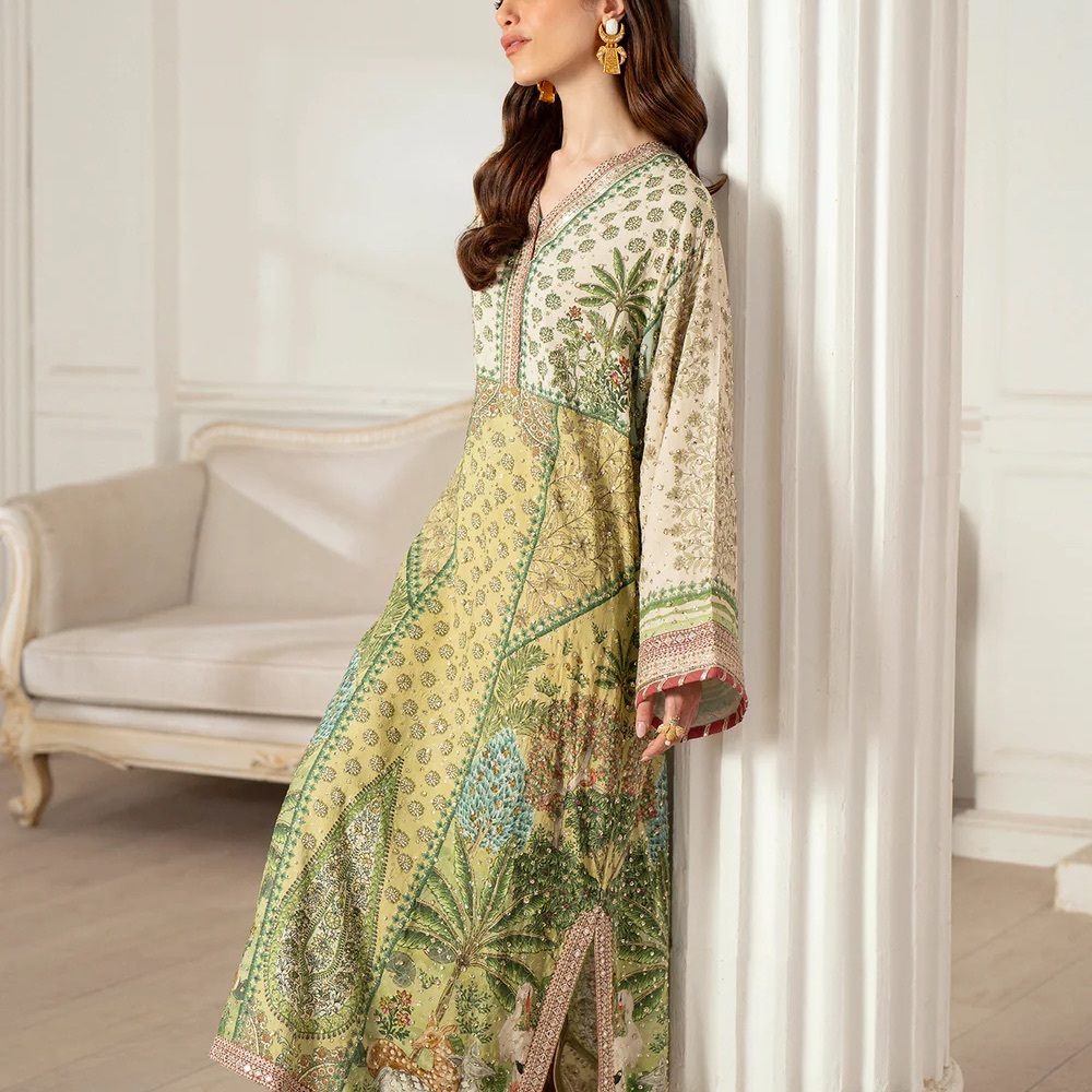 ETHNC Embroidered Kaftan Elegant Green and Cream Dress
